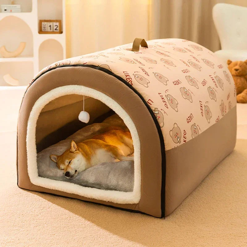 Warm Winter Dog House Bed with Removable Cushion