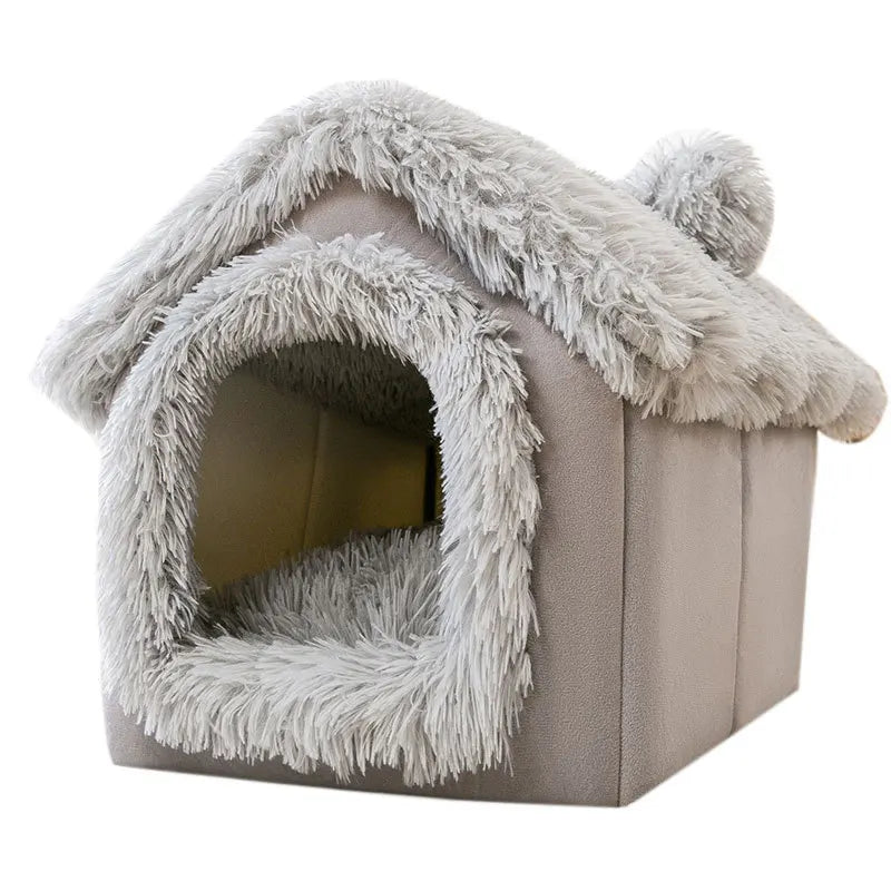 Heated Plush Dog House Bed