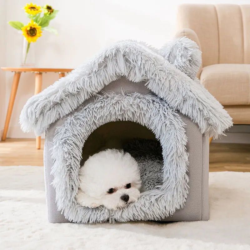 Heated Plush Dog House Bed