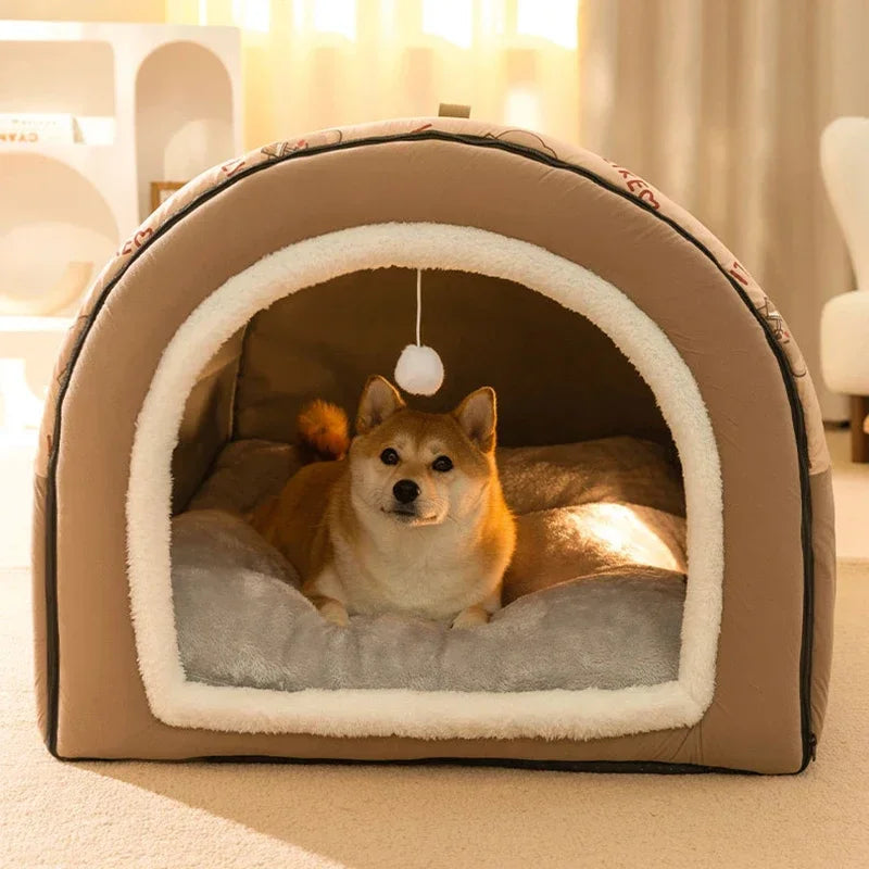 Warm Winter Dog House Bed with Removable Cushion
