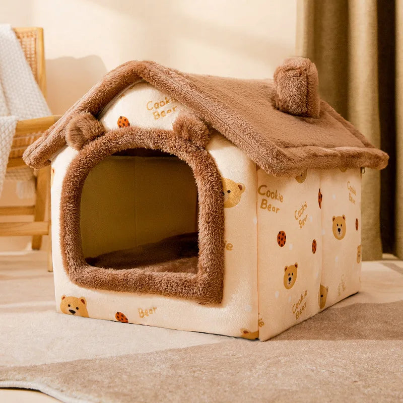 Heated Plush Dog House Bed