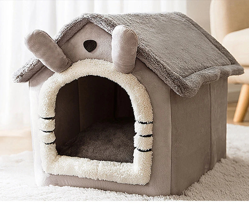 Heated Plush Dog House Bed