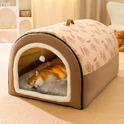Warm Winter Dog House Bed with Removable Cushion