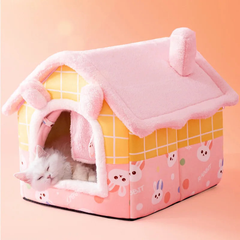 Heated Plush Dog House Bed