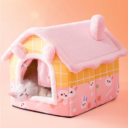 Heated Plush Dog House Bed