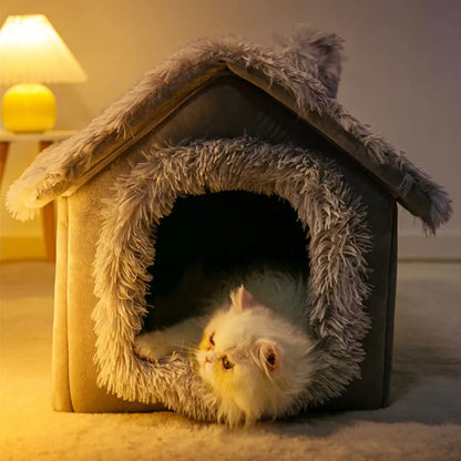 Heated Plush Dog House Bed