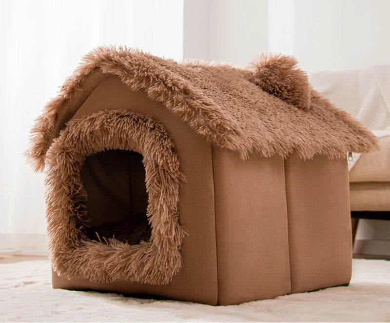 Heated Plush Dog House Bed
