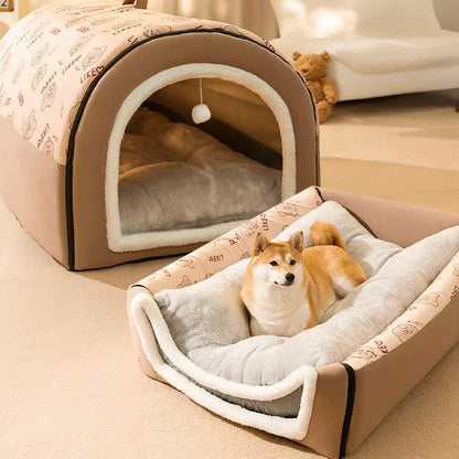 Warm Winter Dog House Bed with Removable Cushion