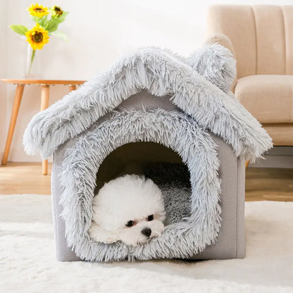 Heated Plush Dog House Bed