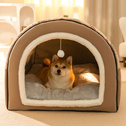 Warm Winter Dog House Bed with Removable Cushion